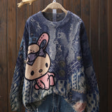 Sanrio Women's Casual Pullover Sweater with Cartoon Rabbit & Floral Print, Loose Fit Round Neck Long Sleeve Top, Machine Washable All-Season Comfort, Cute Sweater, Comfortable Clothing, Durable Fabric