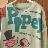 Women's Elegant Loose Fit Cartoon Sailor Graphic Print Sweater - Soft Durable Long Sleeve Round Neck Pullover, Machine Washable All-Season Casual Top, Everyday Comfort Wear, Retro Style Pullover, Cozy Feel Fabric