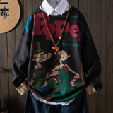 Plus-Size Women's All-Over Print Cartoon Character Sweater - Thick Cozy Loose-Fit Long Sleeve Round Neck Pullover, Casual Clothing for All Seasons, Allseason Pullover, Playful Design, Durable Pullover