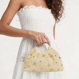 Women's Elegant Straw Woven Handbag with Gold Metal Handles and Round Beads - Lightweight and Portable Beach Bag for Vacation, Picnic, Wedding, Garden Party, Date, Music Festival - White and Beige, Accessories for