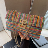 New Trend Fashion Women Single Shoulder Bag, Colorful Striped Pattern, Bohemian Style Multi-Compartment Woven Straw with Chain Strap, Cross-Body Bag, Favorite Classic Square Handbag, Summer Vacation Beach Bag, Crazy Bag
