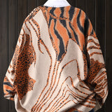 Women's Leopard Print Knitted Pullover Sweater - Geometric Pattern, Casual Round Neck, Long Sleeves, Stylish and Comfortable