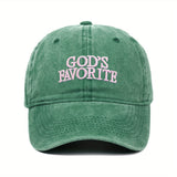 GOD'S Favorite 3D Embroidered Washed Baseball Cap, Adjustable & Lightweight, with Flat Brim for Sun Protection, Perfect for Outdoor Activities, Outdoor Cap|Cursive Lettering Cap|Washed Denim Cap