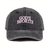 GOD'S Favorite 3D Embroidered Washed Baseball Cap, Adjustable & Lightweight, with Flat Brim for Sun Protection, Perfect for Outdoor Activities, Outdoor Cap|Cursive Lettering Cap|Washed Denim Cap