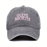 GOD'S Favorite 3D Embroidered Washed Baseball Cap, Adjustable & Lightweight, with Flat Brim for Sun Protection, Perfect for Outdoor Activities, Outdoor Cap|Cursive Lettering Cap|Washed Denim Cap