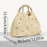 Women's Elegant Straw Woven Handbag with Gold Metal Handles and Round Beads - Lightweight and Portable Beach Bag for Vacation, Picnic, Wedding, Garden Party, Date, Music Festival - White and Beige, Accessories for