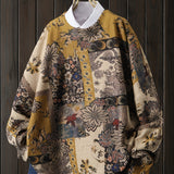 Women's Elegant Loose-Fit Floral Moon & Leaf Print Mink Sweater - Round Neck Long Sleeve All-Season Casual Top, Machine Washable, Cute Sweater, Everyday Comfort Wear, Decorative Button Detail, Soft Texture Apparel