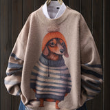 Women's Elegant Loose-Fit Long Sleeve Sweater with Cute Cartoon Dog Pattern - Soft Machine-Washable Round Neck Pullover for All-Season Casual Wear, Cute Sweaters, Comfortable Knitwear
