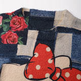 Valentine's Day Sanrio Cartoon Geometric Pattern Mink Pullover, Casual Round Neck Long Sleeve Top for Women