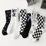 Pack of 7 Pairs of Women's Fashion Socks - Mid-Calf Model in Black and White Checks