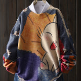 Women's Elegant Loose-Fit Chinchilla Sweater with Cartoon Cat & Floral Pattern, Long Sleeve Round Neck Pullover, Machine Washable All-Season Casual Top, Cute Sweaters, Durable Fabric