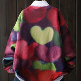 Valentine's Day Gift Women's Elegant Heart Art Print Sweater - Soft Plush Loose Fit Long Sleeve Round Neck Pullover, Machine Washable All-Season Casual Top, Playful Pattern, Cozy Texture