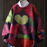 Valentine's Day Gift Women's Elegant Heart Art Print Sweater - Soft Plush Loose Fit Long Sleeve Round Neck Pullover, Machine Washable All-Season Casual Top, Playful Pattern, Cozy Texture