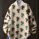 Women's Elegant Loose-Fit Mink Sweater with Lucky Clover Floral Print - Beige & Green Round Neck Long Sleeve Pullover, Machine Washable All-Season Casual Top, Sweater, Everyday Outfit, Loose Fit, Comfortable Material, Pullover Top, Comfort Seekers