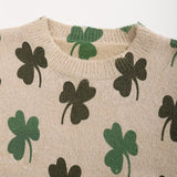 Women's Elegant Loose-Fit Mink Sweater with Lucky Clover Floral Print - Beige & Green Round Neck Long Sleeve Pullover, Machine Washable All-Season Casual Top, Sweater, Everyday Outfit, Loose Fit, Comfortable Material, Pullover Top, Comfort Seekers