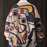 Women's Abstract Face & Geometric Print Pullover - Soft Viscose Blend Loose Fit Long Sleeve Top, Machine Washable All-Season Casual Elegant Sweater