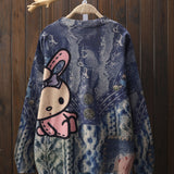 Sanrio Women's Casual Pullover Sweater with Cartoon Rabbit & Floral Print, Loose Fit Round Neck Long Sleeve Top, Machine Washable All-Season Comfort, Cute Sweater, Comfortable Clothing, Durable Fabric
