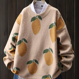Women's Fashion Knitted Pullover - Fruit Pattern, Mink, Casual Round Neck, Long Sleeves, Comfortable for Daily Wear