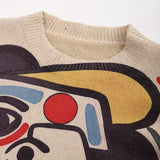 Women's Abstract Face & Geometric Print Pullover - Soft Viscose Blend Loose Fit Long Sleeve Top, Machine Washable All-Season Casual Elegant Sweater