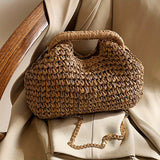 Women's Casual Woven Handbag with Chain - Fashion Knit Crossbody Bag, Beige Fabric, Adjustable Strap, Secure Buckle Closure, Ideal for Beach, Shopping and Daily Use | Chic Textured Straw Tote Bag, Shoulder Bag for Women
