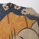 Women's Elegant Loose-Fit Chinchilla Sweater with Cartoon Cat & Floral Pattern, Long Sleeve Round Neck Pullover, Machine Washable All-Season Casual Top, Cute Sweaters, Durable Fabric