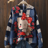 Valentine's Day Sanrio Cartoon Geometric Pattern Mink Pullover, Casual Round Neck Long Sleeve Top for Women