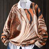 Women's Leopard Print Knitted Pullover Sweater - Geometric Pattern, Casual Round Neck, Long Sleeves, Stylish and Comfortable