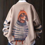 Women's Elegant Loose-Fit Long Sleeve Sweater with Cute Cartoon Dog Pattern - Soft Machine-Washable Round Neck Pullover for All-Season Casual Wear, Cute Sweaters, Comfortable Knitwear