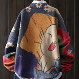Women's Elegant Loose-Fit Chinchilla Sweater with Cartoon Cat & Floral Pattern, Long Sleeve Round Neck Pullover, Machine Washable All-Season Casual Top, Cute Sweaters, Durable Fabric