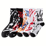5 Pairs Men's Artistic Splash Ink Graffiti Crew Socks - Cotton Blend, Vibrant Geometric Patterns, Comfortable & Stylish for Hip-Hop, Skateboarding & Sports, Funky Socks