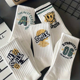 5 Pairs of Men's Stylish Graffiti Pattern Socks - Breathable, Comfortable Casual Socks with Bold Lettering & Unique Designs, All-Season Outdoor Wear, Machine Washable, Polyester Blend, Allseason Footwear | Trendy Casual Socks | Polyester Blend Socks, Cut