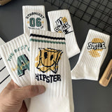 5 Pairs of Men's Stylish Graffiti Pattern Socks - Breathable, Comfortable Casual Socks with Bold Lettering & Unique Designs, All-Season Outdoor Wear, Machine Washable, Polyester Blend, Allseason Footwear | Trendy Casual Socks | Polyester Blend Socks, Cut