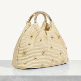 Sac à main tissé en paille élégant pour femme avec poignées en métal doré et perles rondes - Sac de plage léger et portable pour les vacances, le pique-nique, le mariage, la fête au jardin, la date, le festival de musique - Blanc et beige, accessoires po