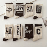 5 Pairs Men'S Trendy Mid-Calf Socks - Retro American Style, Comfortable Sweat-Wicking & Breathable, Polyester Blend, Hand Washable, Professional Dry Cleanable, Knit Fabric, 200 g/m², Sports Socks | Geometric Pattern Socks | Knit Texture Socks, Sweat-Resi