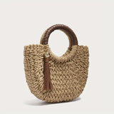 Sac à Main Tissé en Herbe Naturelle pour Femme - Beige/Beige Clair, Sac de Plage Ouvert sans Fermeture, Spacieux et Décontracté pour Quotidien, Voyage ou Cadeau d'Anniversaire/Mariage - par GENCL, Bandoulière Amovible, Texture Jute