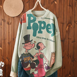 Women's Elegant Loose Fit Cartoon Sailor Graphic Print Sweater - Soft Durable Long Sleeve Round Neck Pullover, Machine Washable All-Season Casual Top, Everyday Comfort Wear, Retro Style Pullover, Cozy Feel Fabric