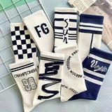 8-Pack Unisex Fashion Crew Socks, Polyester and Spandex Blend, Letter Print Knit Fabric, Hand Wash Only - Long Tube Socks for Men and Women