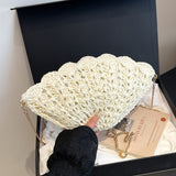 Sac à bandoulière en forme d'éventail et coquille creuse, fabriqué à la main avec chaîne de perles - Pochette en tissu beige, fermeture éclair, motif rayé, idéal pour la plage et les sorties décontractées