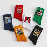 6 Pairs of Unisex Mid-Tube Socks – Trendy Hip Hop Street Style with Bold Graphic Designs (Navy Blue, Yellow, Red, White, Green, Black) for Men & Women, Perfect for Basketball, Casual Wear, and Everyday Comfort