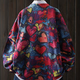 [Heart-Shaped Retro Knit Pullover] Valentine's Day Heart-Shaped Retro Pattern Knit Pullover - Red, Pink, Blue, And Yellow Casual Round Neck Long Sleeve Top - Women's Clothing
