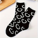 5 Pairs Polyester Smiling Face Cartoon Men's Socks, Letter Striped Middle and Long Tube, Sweat Absorbing, All-match Adult