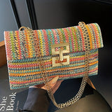 New Trend Fashion Women Single Shoulder Bag, Colorful Striped Pattern, Bohemian Style Multi-Compartment Woven Straw with Chain Strap, Cross-Body Bag, Favorite Classic Square Handbag, Summer Vacation Beach Bag, Crazy Bag