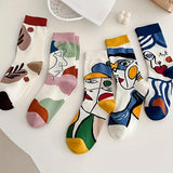 5 Pairs Abstract Face Socks, College Style Cute Mid Tube Socks, Women's Stockings & Hosiery For Fall & Autumn