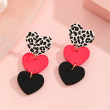 1 Pair of Women'S Dangling Earrings, Three-Piece Heart-Shaped Leopard Print, Rose Red And Black Mixed Earrings, Clay Texture, Retro And Elegant, Suitable for Daily Versatile Parties And Dates, Valentine'S Day Gifts
