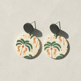 1 Pair Women’s Tropical Palm Tree Print Round Acrylic Dangle Earrings - Beige with Green Leaf Design, Stainless Steel Posts, Perfect for Casual Attire, Vacation, and Holiday Gifts, Tropical Earrings