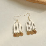 1 Pair of Chic Beige Leaf-Shaped Acrylic Dangle Earrings with Golden Round Pendants - Bling & Classic Style, Stainless Steel Hooks, Ideal for Casual Attire & Special Occasions