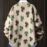 Women's Elegant Loose-Fit Mink Sweater with Lucky Clover Floral Print - Beige & Green Round Neck Long Sleeve Pullover, Machine Washable All-Season Casual Top, Sweater, Everyday Outfit, Loose Fit, Comfortable Material, Pullover Top, Comfort Seekers