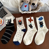 4 Pairs Cartoon Cat Mid Calf Socks, 97% Polyester 3% Spandex, Knit Fabric, Animal Pattern, 280g/m², Hand Wash/Dry Clean - Mixed Colors