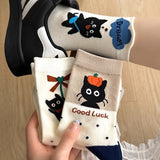 4 Pairs Cartoon Cat Mid Calf Socks, 97% Polyester 3% Spandex, Knit Fabric, Animal Pattern, 280g/m², Hand Wash/Dry Clean - Mixed Colors