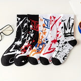 5 Pairs Men's Artistic Splash Ink Graffiti Crew Socks - Cotton Blend, Vibrant Geometric Patterns, Comfortable & Stylish for Hip-Hop, Skateboarding & Sports, Funky Socks